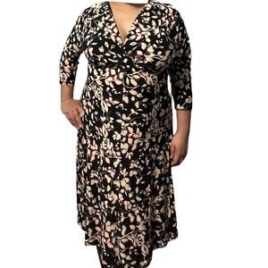 Evan Picone Purple Black Tan Floral Flower Vine V Neck Detail Clingy Dress 16